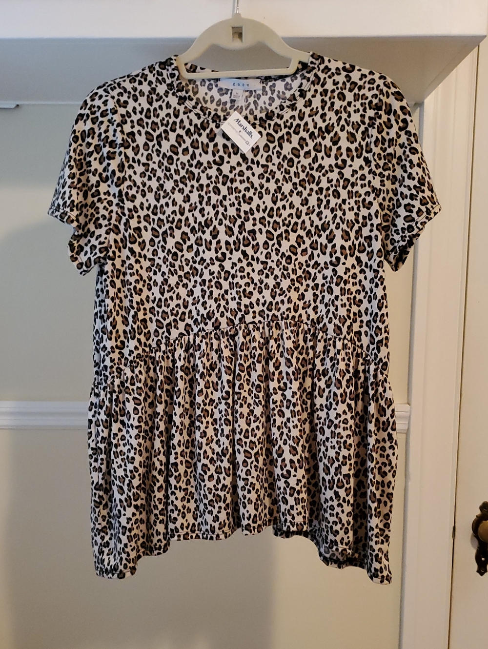NWT - GAZE Leopard Print Short Sleeve Peplum Top - Beige/Black
